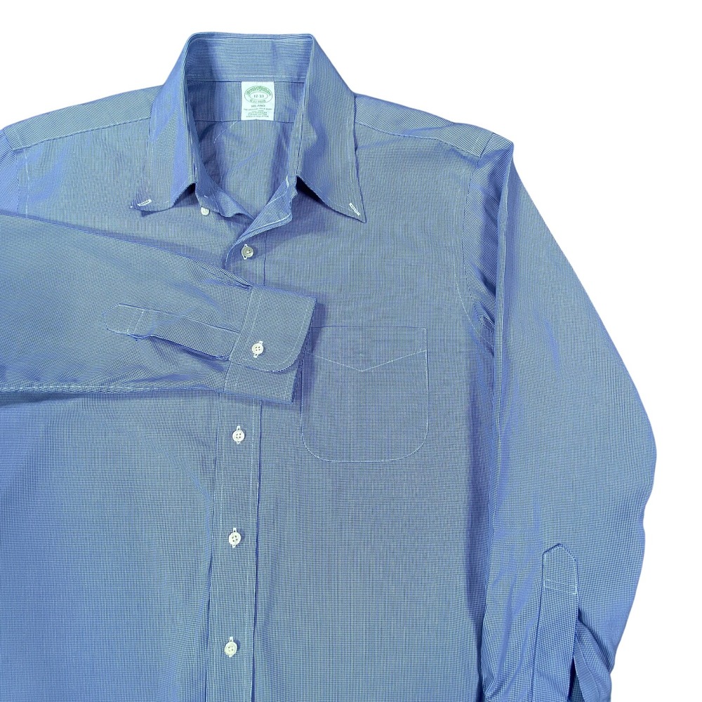 Brooks Brothers Milano Dress Shirt Large 17 Blue NonIron Supima Houndstooth 1818